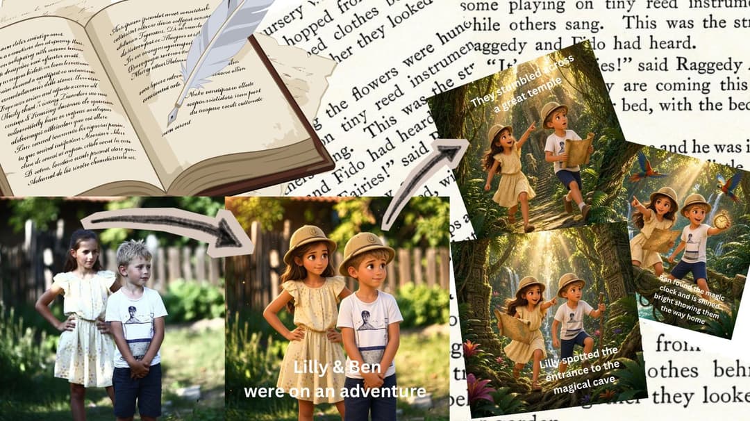 A real photo of two children transformed into an illustrated jungle adventure storybook