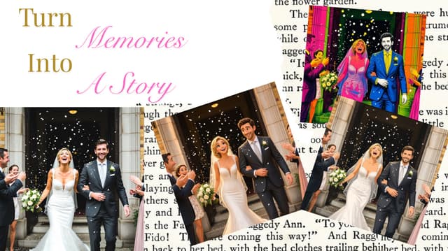 A wedding photo turned into an illustrated storybook spread